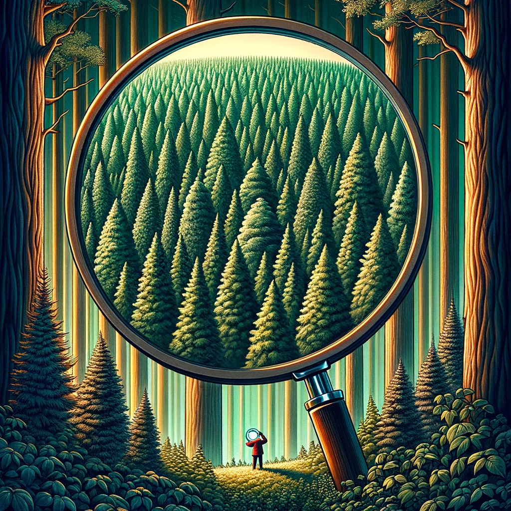 DALL·E 2024-03-17 23.19.40 - An artistic representation of the Finnish saying 'ei näe metsää puilta', which translates to 'can't see the forest for the trees'. The image should de.webp